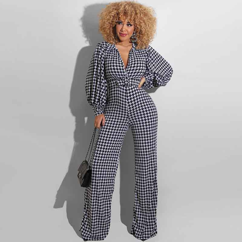 Zoey Long Sleeve Houndstooth Plunge Wide-Leg Jumpsuit women jumpsuits Castello Clothing Line