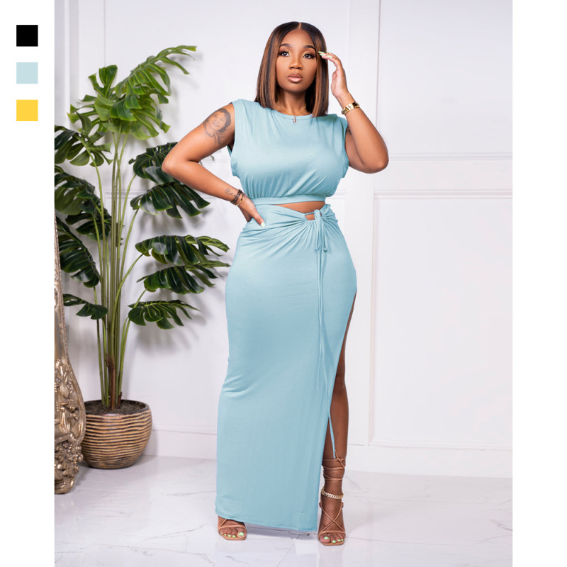 Cropped Blouse and Long Side Slit Skirt Set - Sleeveless Round Neck Dress with Drawstring Skirt and High Slit - Polyester/Spandex/Milk Fiber Castello Clothing Line