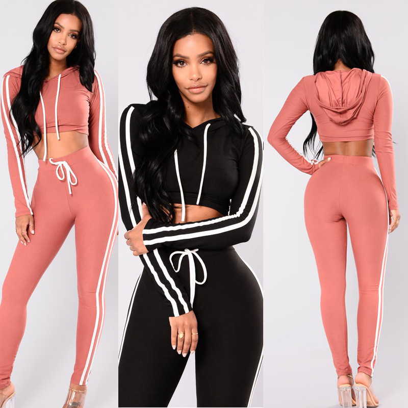 Hooded Crop Top & Pants Set - Color Block, Long Sleeves, High Waist Castello Clothing Line