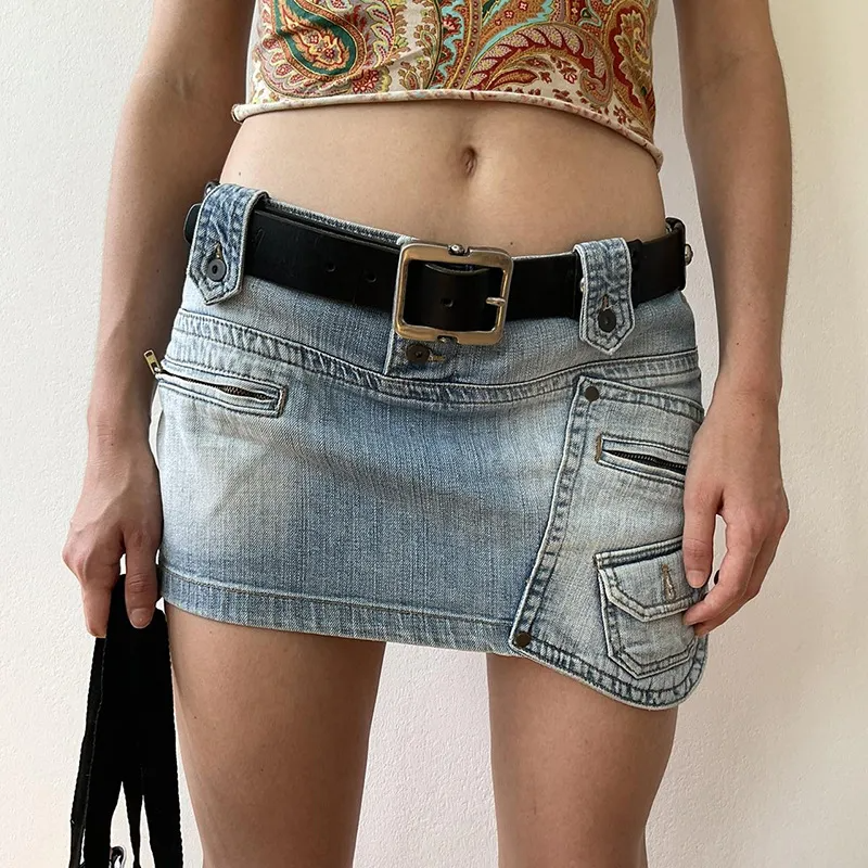 Buckle Up Asymmetrical Denim Mini Skirt Castello Clothing Line