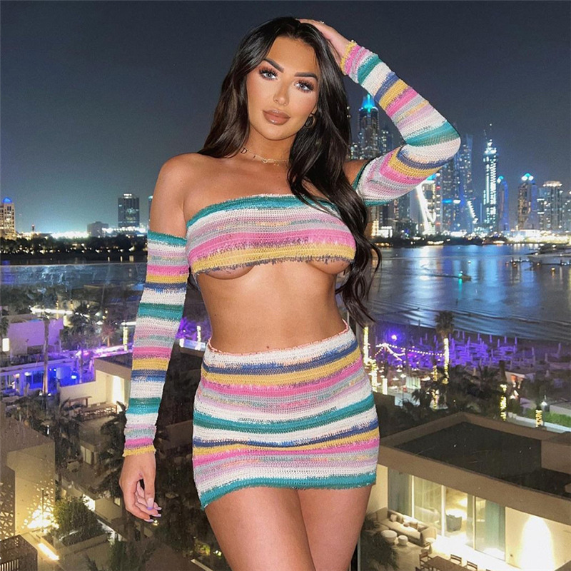 Knitted Off Shoulder Crop Top & Mini Skirt Set - Color Blocking, Long Sleeves - Polyester/Spandex Castello Clothing Line