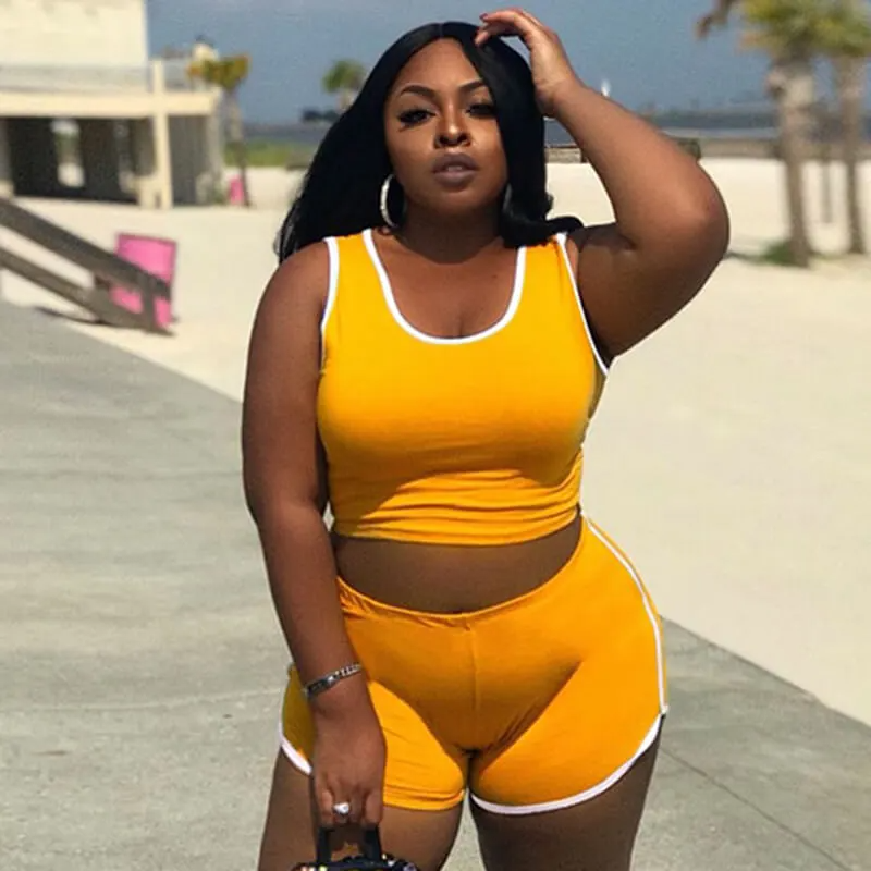 PlayfulWave Plus Size Crop Tank & High-Waist Shorts Set Castello Clothing Line