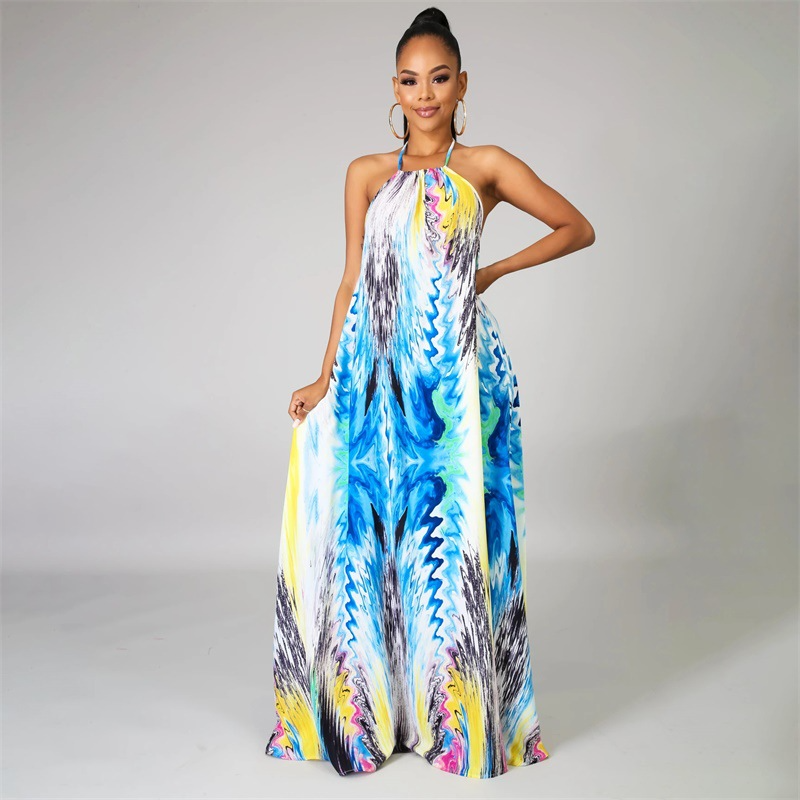Ariella Halter Tie-Back Abstract Print Flowy Maxi Dress maxi dress Castello Clothing Line