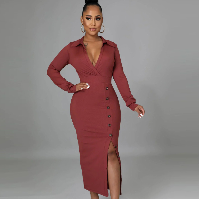 Long Sleeve V-Neck Bodycon Dress with Button Detailing and Front Slit, High Waist - Polyester/Fiber Blend Castello Clothing Line