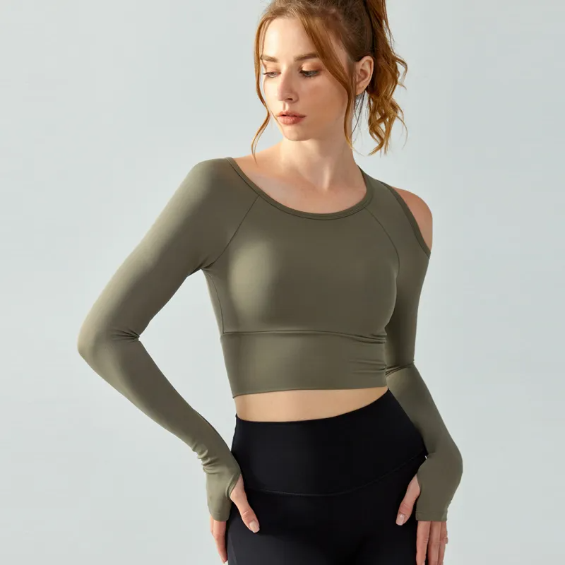 Reina Asymmetrical Long Sleeve Cutout Stretch Crop Top workout tops and t-shirts Castello Clothing Line