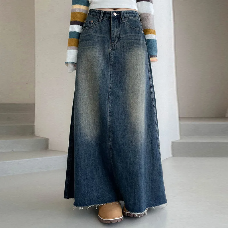 Vintage Vibe Frayed Hem Maxi Denim Skirt Castello Clothing Line