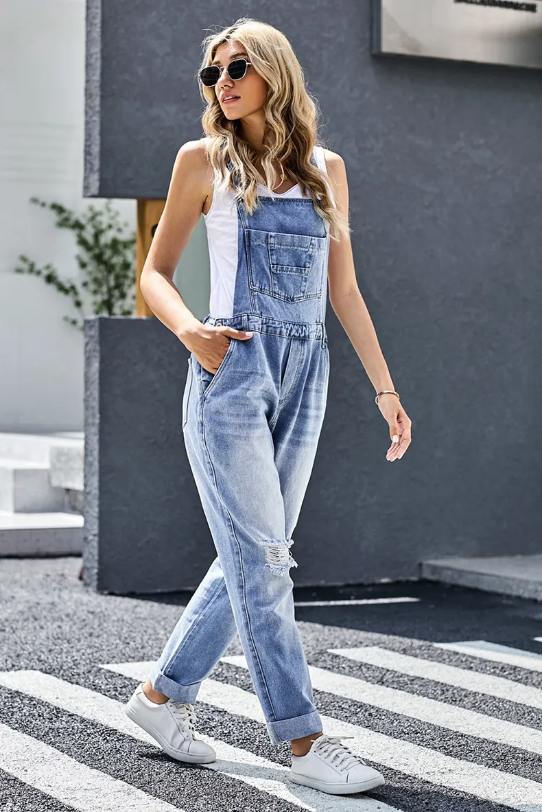Jessica Relaxed Fit Distressed Denim Bib Overalls women's overalls Castello Clothing Line