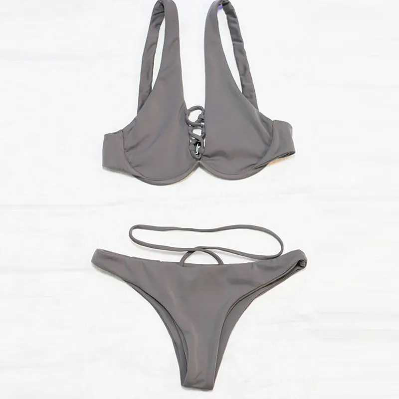 Lace-Up Bikini Set with Double Strap Bottoms Castello Clothing Line