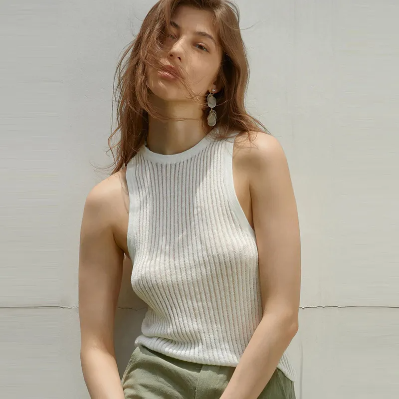 Zenith Sheer Ribbed High-Neck Sleeveless Knit Top Castello Clothing Line