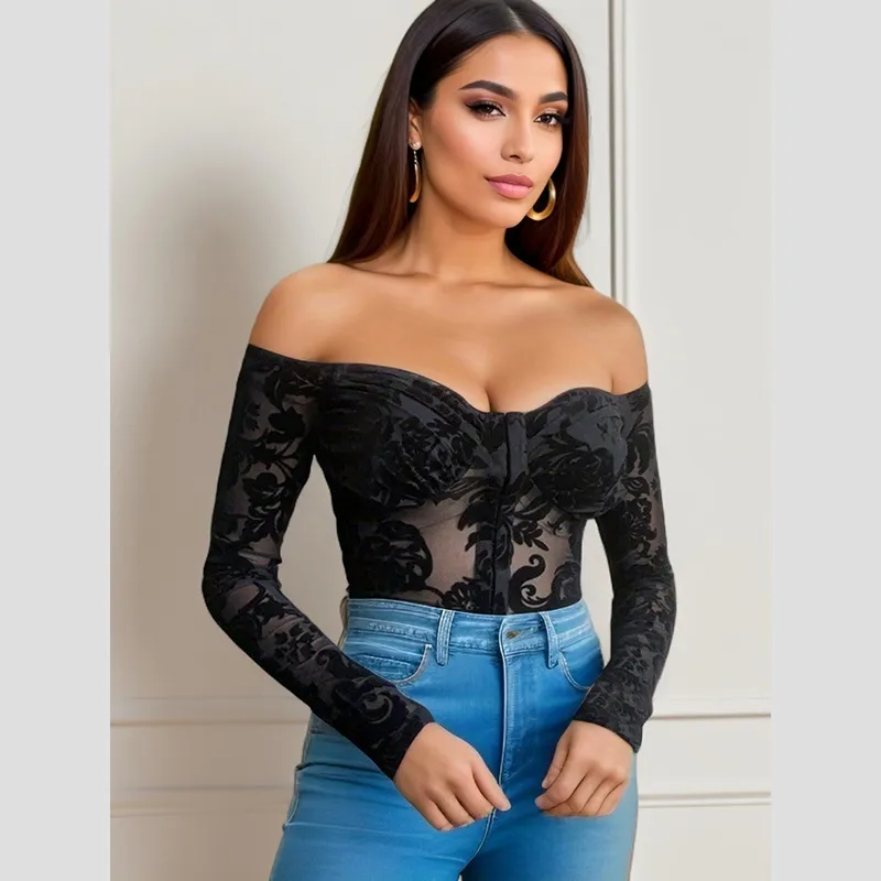 Velvet Whisper Off-Shoulder Sheer Bodysuit Castello Clothing Line