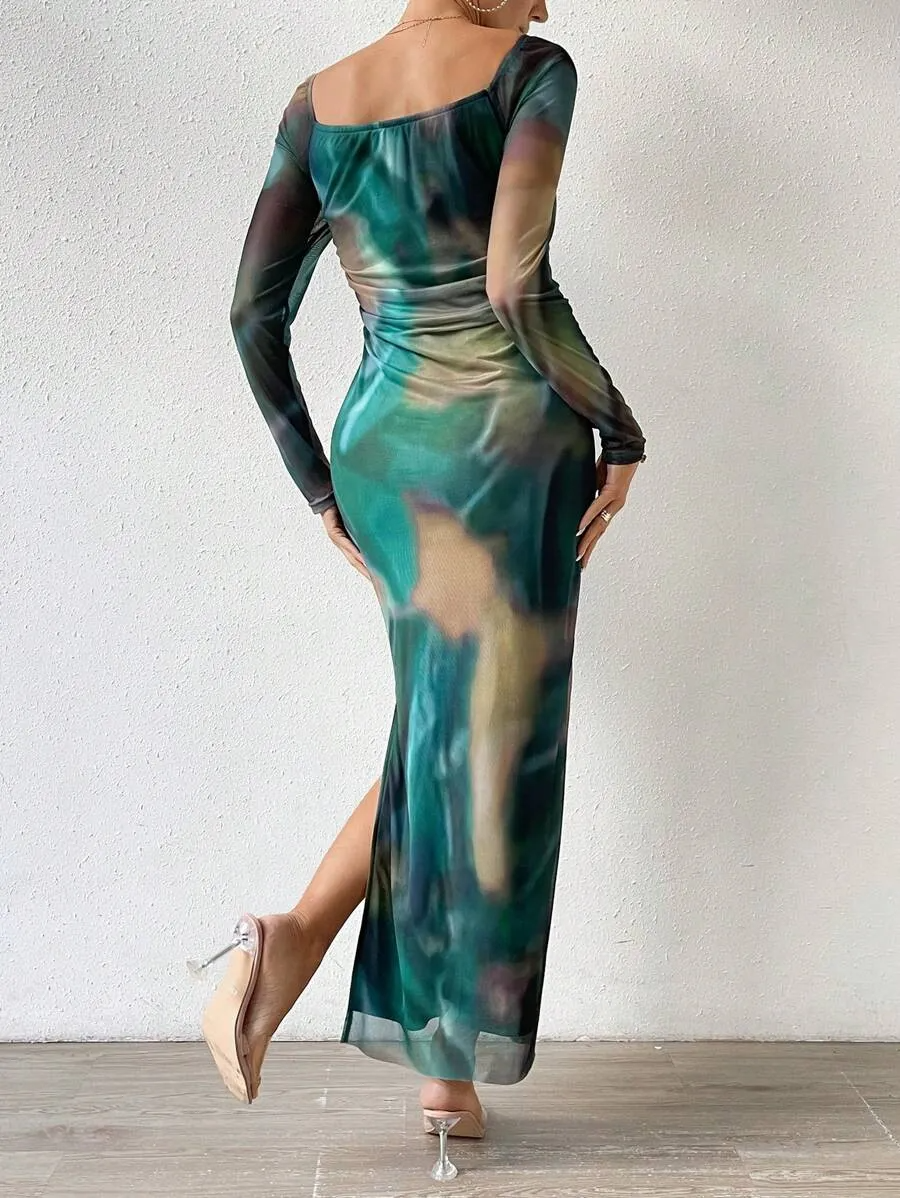 Iris Off Shoulder Mesh Print Bodycon Maxi Dress maxi dress Castello Clothing Line
