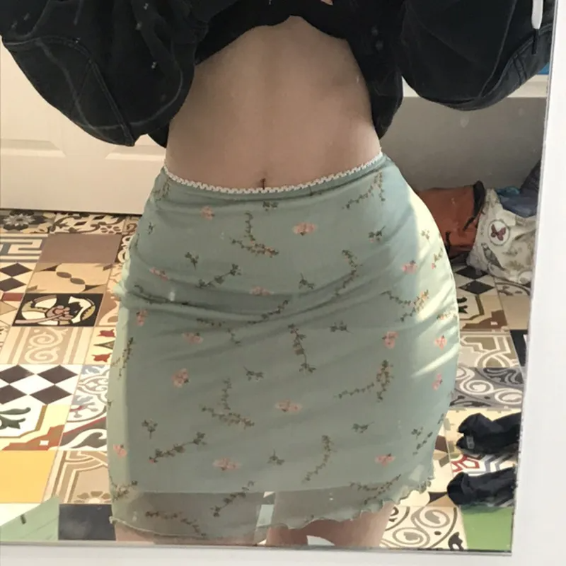 Chiffon Floral Mini Skirt with Lace Trim Waist and Slim Fit - Polyester Material Castello Clothing Line