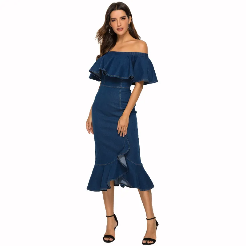 Clare Off-Shoulder Ruffle Denim Midi Dress Castello Clothing Line