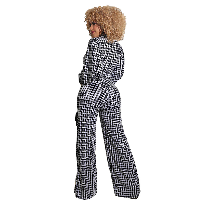 Zoey Long Sleeve Houndstooth Plunge Wide-Leg Jumpsuit women jumpsuits Castello Clothing Line