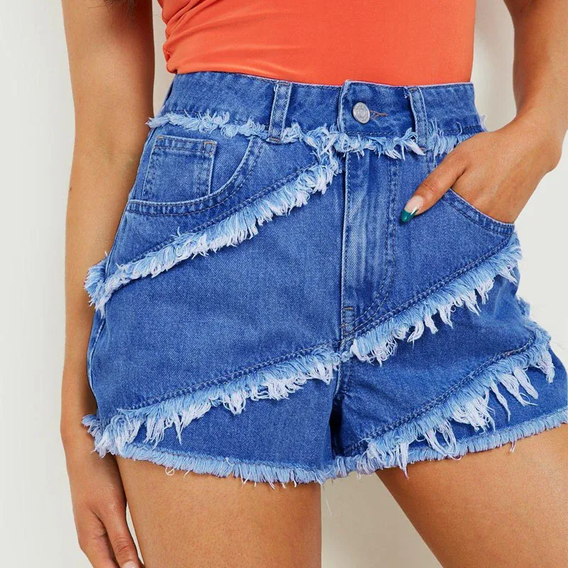 Riot High-Waist Frayed Denim Shorts Castello Clothing Line