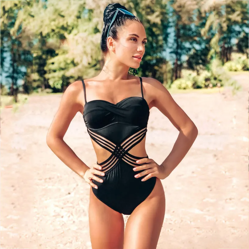Front Sheer Lace Low Cut Swimsuit Castello Clothing Line