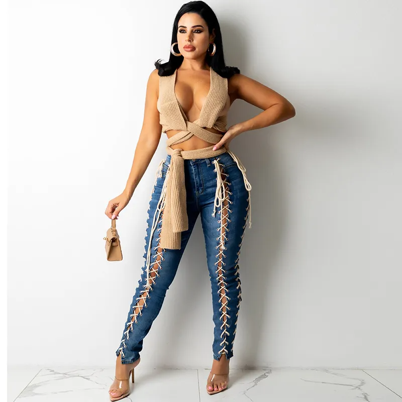 Mid Rise Lace Up Jeans Castello Clothing Line