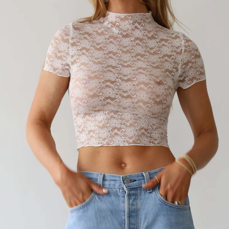 VogueEase Lace Mock Neck Sheer Cropped Top Castello Clothing Line