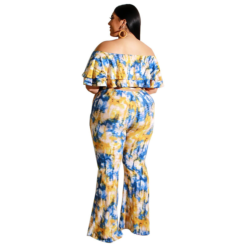 Plus Size Tie Dye Off Shoulder Top & Pants Set - Stylish and Comfortable Off The Shoulder Ruffle Crop Top with Flare Long Pants Castello Clothing Line