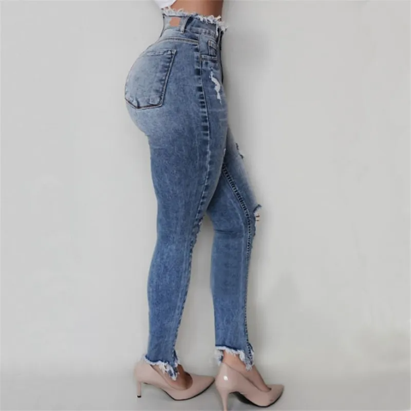 High Waist Raw Hem Skinny Jeans - Slim Fit, Zip Up Fly, Pocket Detail Castello Clothing Line