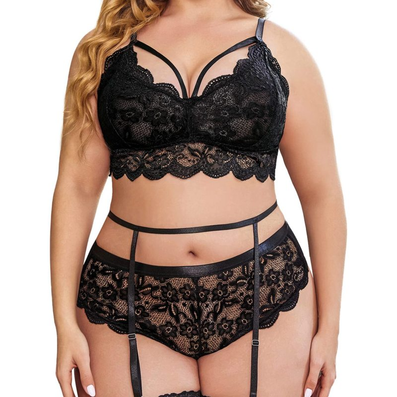Lace Cut-Out Lingerie Set with Garter - Sexy Lace/Spandex Bra and Panty Set  Castello Clothing Line