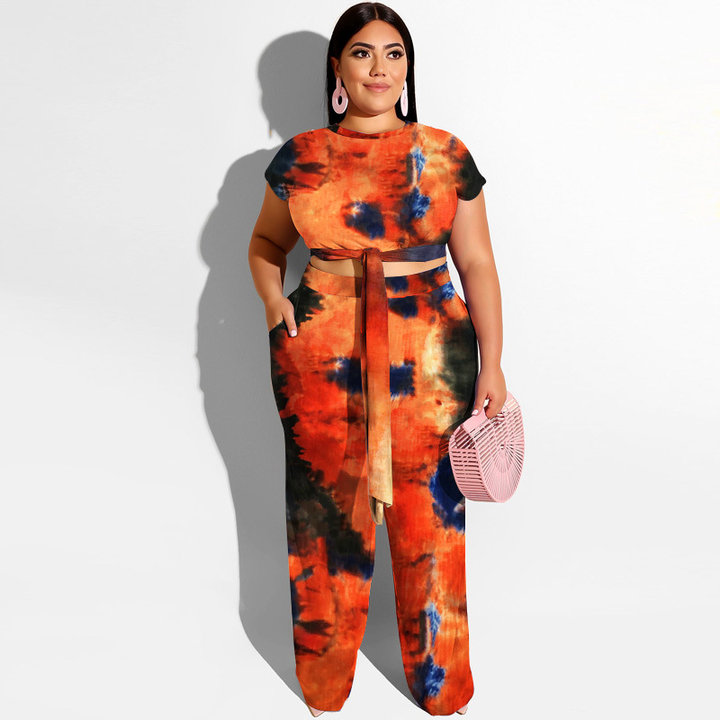 Plus Size Tie Dye Short Sleeve Top and Wide Leg Pants Set - Pocket Detailed - Polyester Castello Clothing Line