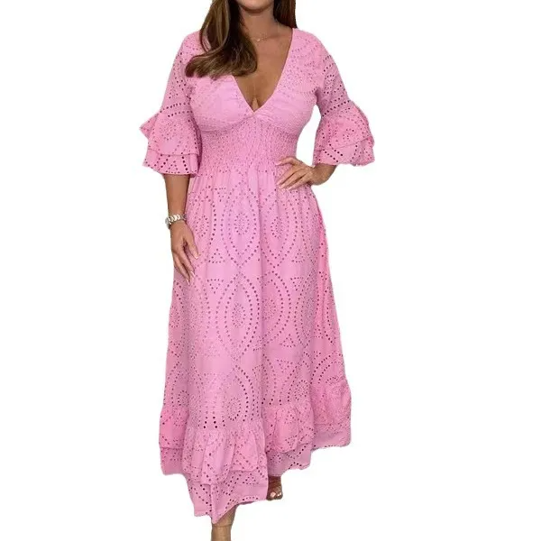 Orla Short Flounce Sleeve Eyelet A-Line Midi Dress midi dress Castello Clothing Line