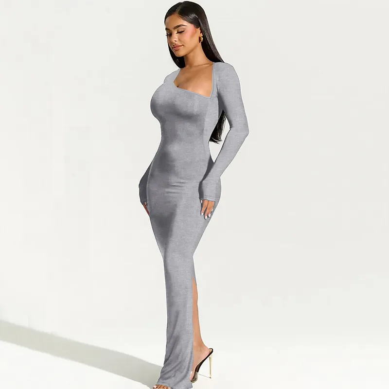Vespera Asymmetrical Neck Long Sleeve Bodycon Maxi Dress maxi dress Castello Clothing Line