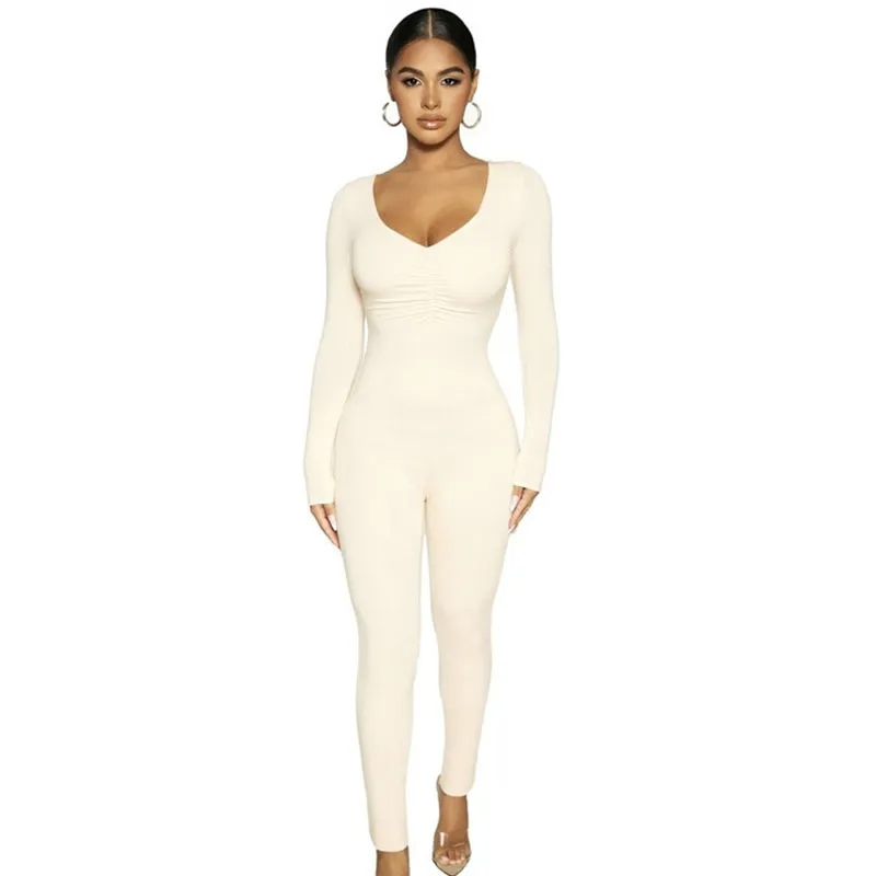 Lauren Long Sleeve Ruched Ribbed Bodycon Jumpsuit bodycon jumpsuit Castello Clothing Line