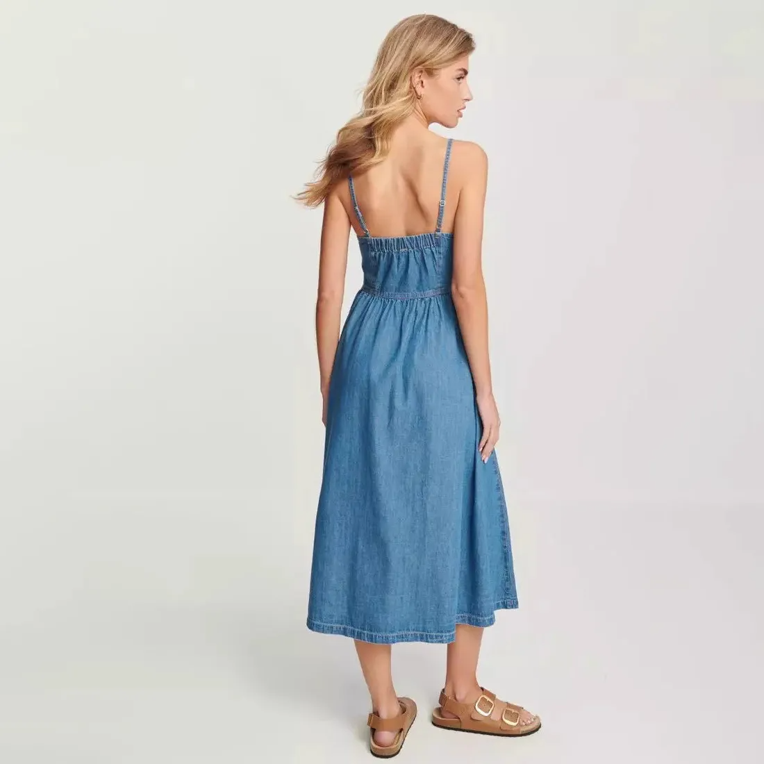 Paige Spaghetti Strap Button Front Smocked Denim Midi Dress midi dress Castello Clothing Line