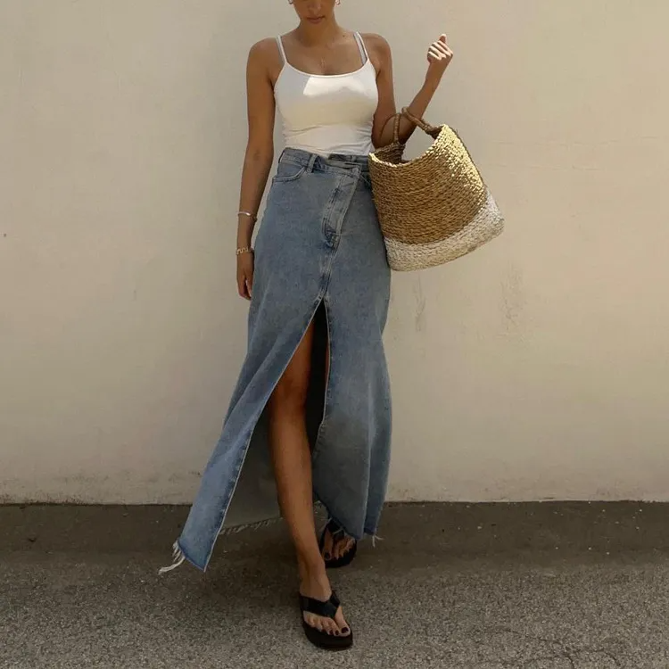 Wrap It Up Slit Front Denim Maxi Skirt Castello Clothing Line