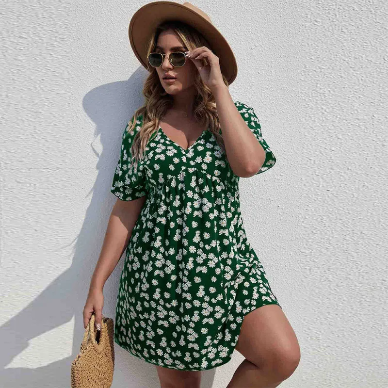 Dahlia V-Neck Floral Empire Waist Plus Size Mini Dress Castello Clothing Line