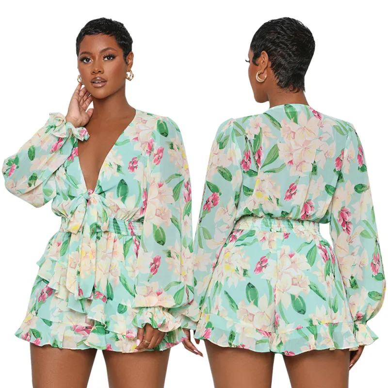 Spring Bloom Floral V-Neck Long-Sleeve Ruffle Romper Castello Clothing Line