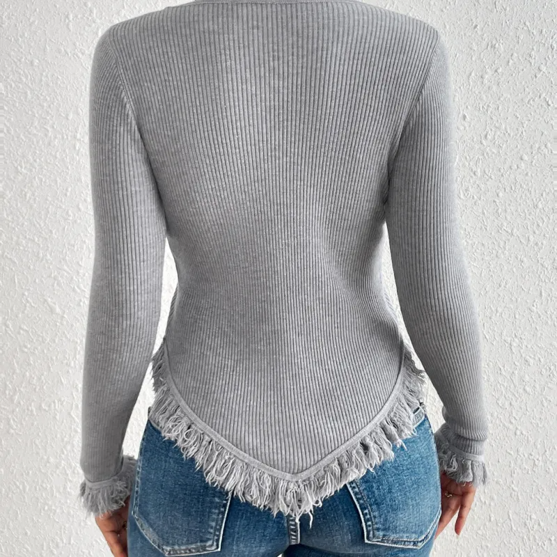 Unraveled Ribbed Long Sleeve Fringe Top Castello Clothing Line