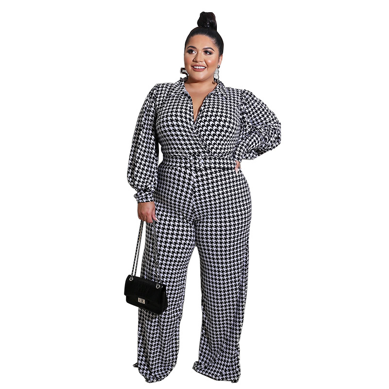 Zoey Long Sleeve Houndstooth Plunge Wide-Leg Jumpsuit women jumpsuits Castello Clothing Line