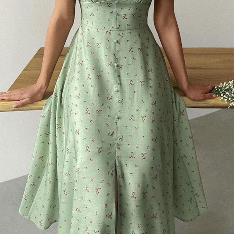 Floral Puff Sleeve Flare Dress with V-Neck and Short Sleeves - High Waist - Polyester Material Castello Clothing Line