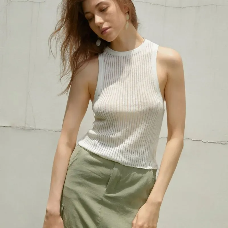 Zenith Sheer Ribbed High-Neck Sleeveless Knit Top Castello Clothing Line