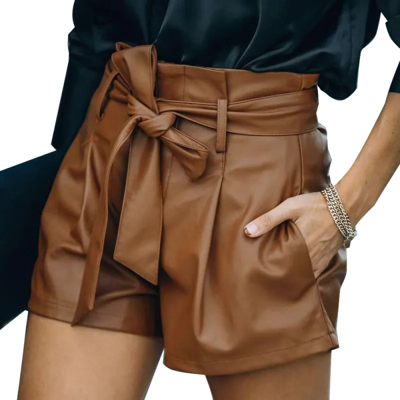VibeBoss High-Waist Faux Leather Belted Shorts Castello Clothing Line