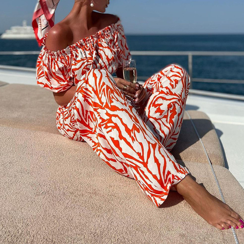 Off Shoulder Crop Top & Pants Set in Polyester Castello Clothing Line