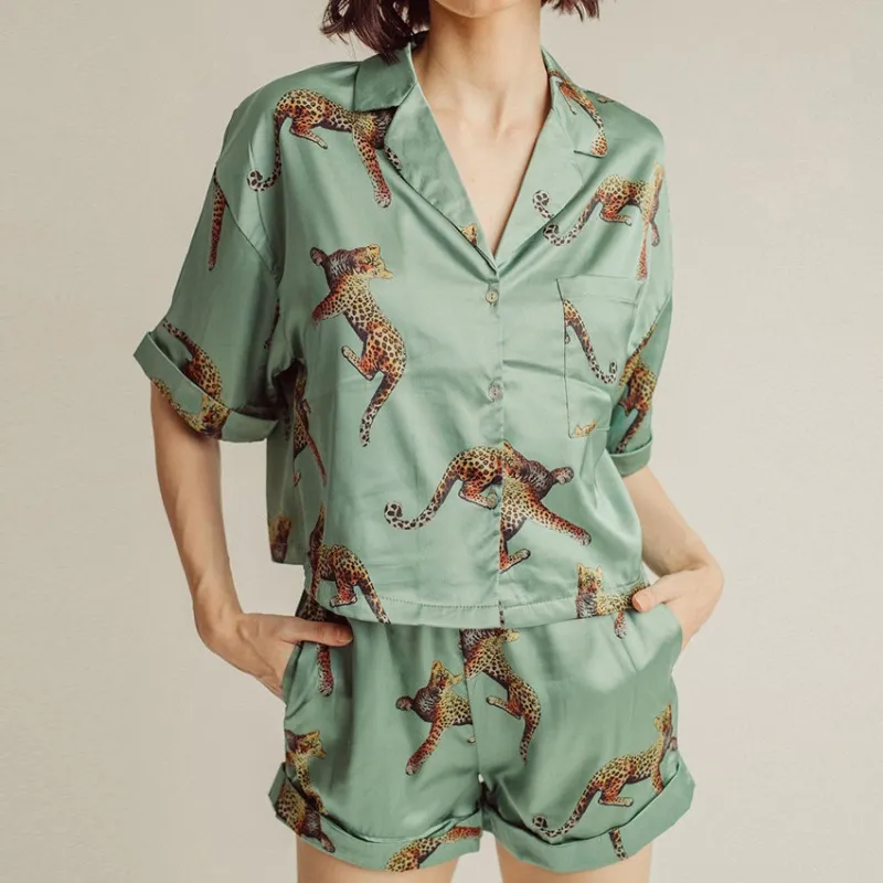 Wild Spirit Satin Short Sleeve Top and Shorts Lounge Set Castello Clothing Line