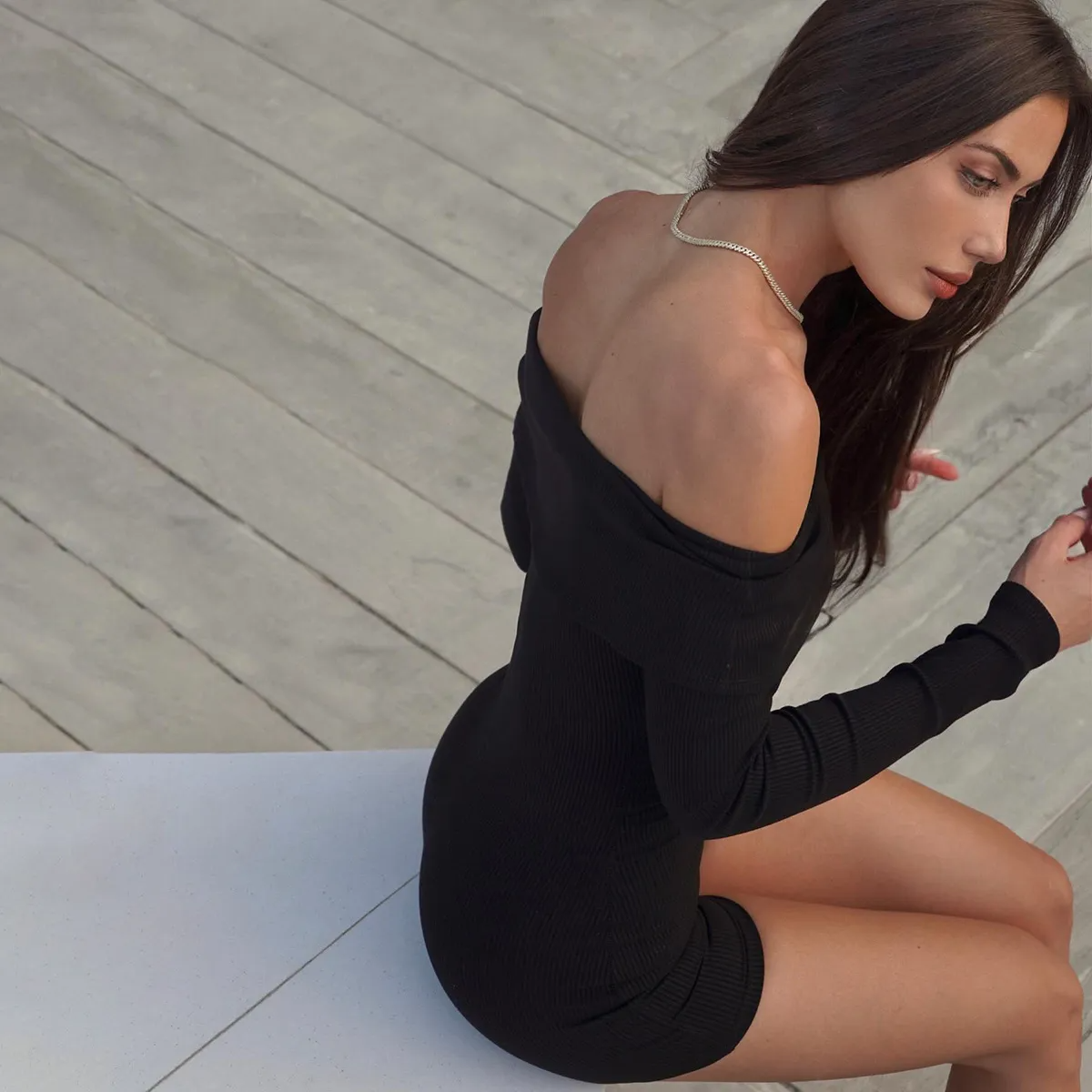 Midnight Charm Off-Shoulder Ribbed Romper Castello Clothing Line
