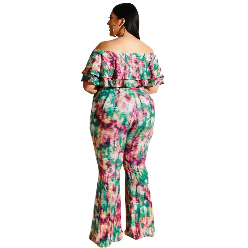 Plus Size Tie Dye Off Shoulder Top & Pants Set - Stylish and Comfortable Off The Shoulder Ruffle Crop Top with Flare Long Pants Castello Clothing Line