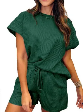 Halo Textured Short Sleeve Top & Drawstring Shorts Set Castello Clothing Line