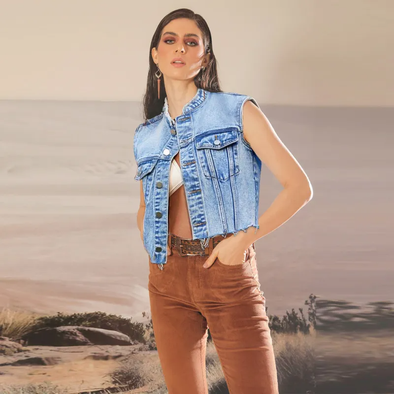 Sierra Denim Cropped Sleeveless Jacket Castello Clothing Line