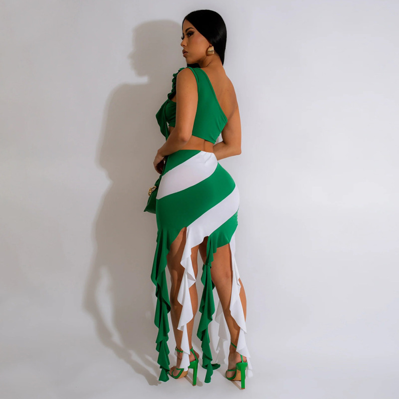 One Shoulder Crop Top and Tassel Skirt Set Castello Clothing Line