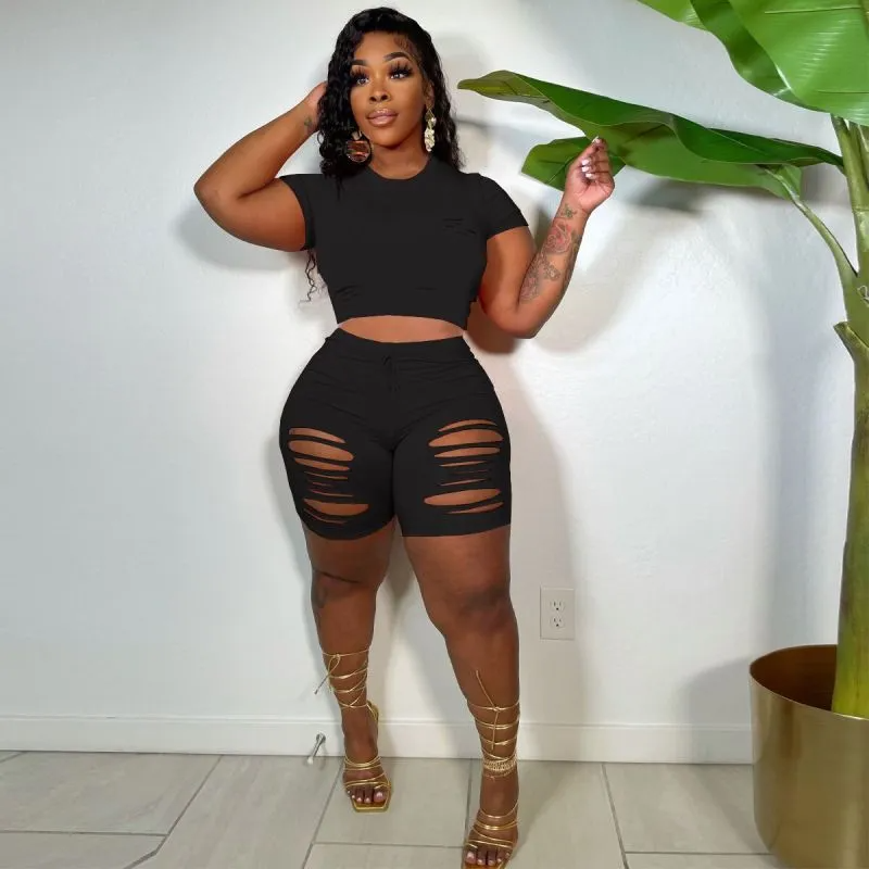 Savvy Cutout Short Sleeve Top & Ripped Biker Shorts Set Castello Clothing Line