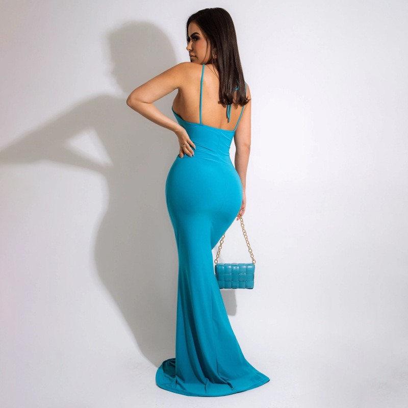 Plus Size Deep V-Neck Backless Bodycon Dress with Flare Hem - Polyester/Fiber Blend Castello Clothing Line