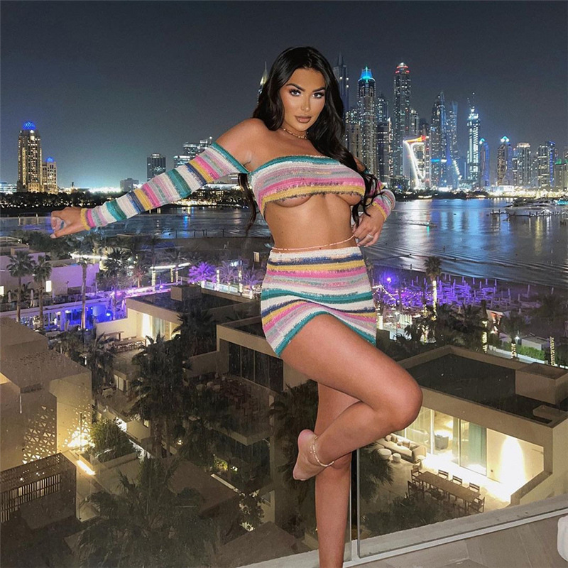 Knitted Off Shoulder Crop Top & Mini Skirt Set - Color Blocking, Long Sleeves - Polyester/Spandex Castello Clothing Line