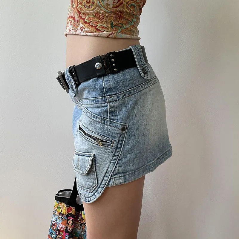 Buckle Up Asymmetrical Denim Mini Skirt Castello Clothing Line