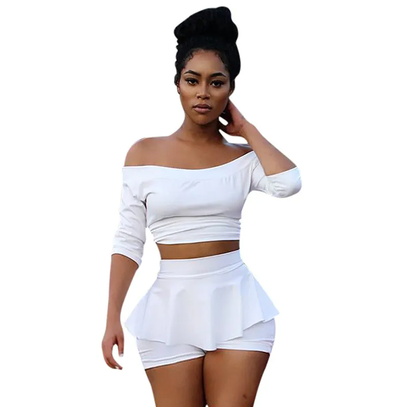 Pixie White Off-Shoulder Crop Top & Skort Set Castello Clothing Line